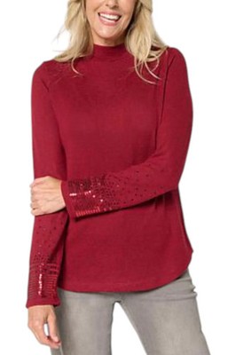 DG2 by Diane Gilman Women's Mock Neck Embellished Sleeve Top Merlot