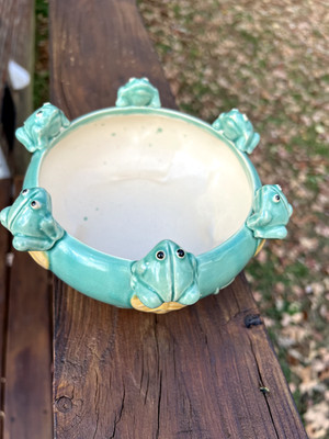 Vintage Majolica Style Frog Pottery Ceramic Planter Bowl Green - Pre-Owned! 