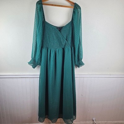 Women's ASOS Plis Size Smocked Sheer Poka Dot Elegant Green Women's Dress US 14