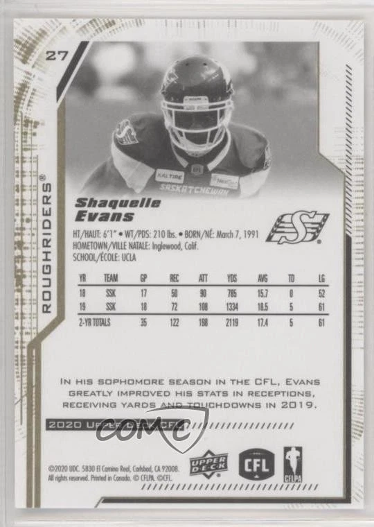 2020 Upper Deck CFL Gold /50 Shaquelle Evans #27 - Image 2 of 2