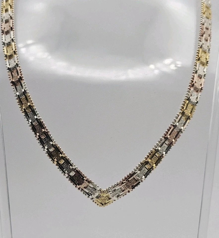 Collar Chevron Vintage Plata de Ley Tri Tono Corte Diamante 6mm 17" Foto 2 de 4