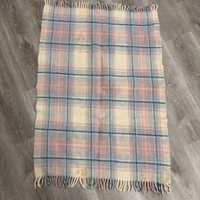 Vintage Baby Blanket Wool Pink Blue Plaid Fringe 29 X 44