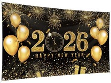 Happy New Year Backdrop Banner 78 x 43 Inch Large Size Gold Black