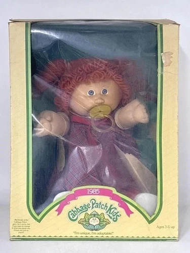 Vintage 1985 Cabbage Patch Kids Doll Red Hair Blue Eyes Plaid Dress Pacifier NIB