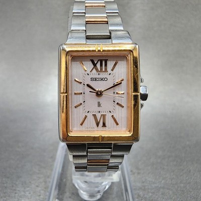 Seiko Solar Tank Watch Women 18mm White Dial Two Tone Rectangle