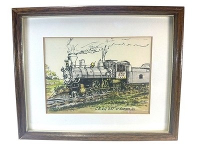 Vintage Paul Randall Art C.B. & Q. 637 Steam Locomotive Aurora ILL Train Framed