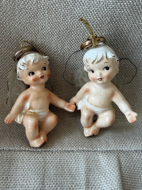 PAIR Vintage 1950's LEFTON's Ceramic ~ ANGELS w TULLE WINGS ~ Clip-On Ornaments
