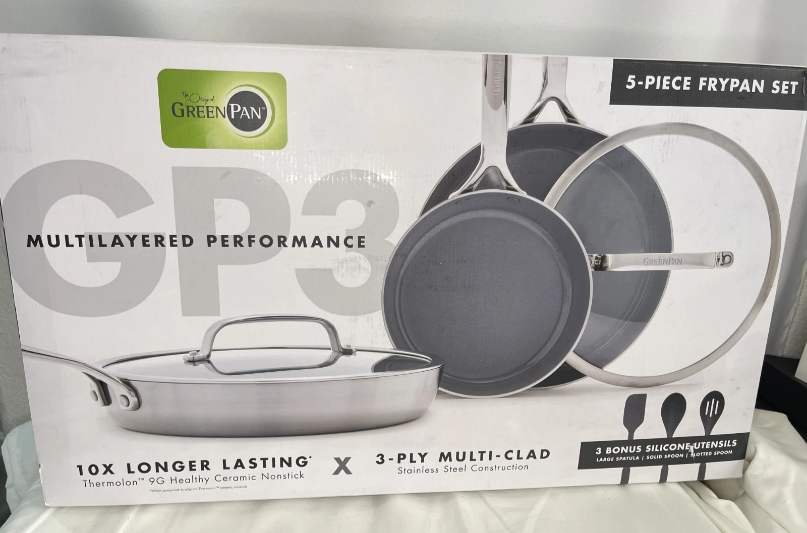 GreenPan GP3 5-Piece Ceramic Non-Stick Stainless Steel Frypan Set New Open Box