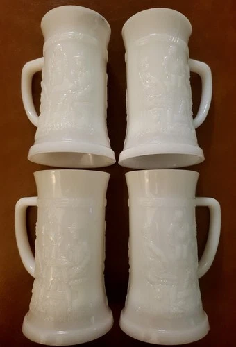 Vintage Federal White Milk Glass 6" Beer Mug Stein Tankard Embossed Tavern Scene