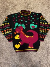 Vintage Hot Cashews Youth Dinosaur Heart Knit Sweater Made in USA