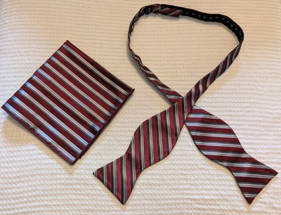 Classic Red And Grey HISDERN Bow Tie And Pocket Square - Self-Tie -