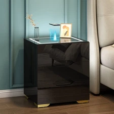 Black Smart Nightstand with Wireless Charging Station & USB Charging, High Gl...