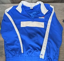 VTG 90s Russell Athletic 1/4 zip pullover Jacket Blue and White XL with Hood
