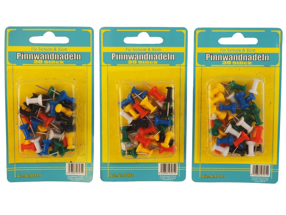 HILPERT 6 x 30 bunte Pinnwandnadeln = 180 Stück, Nadeln für Pinnwand, NEU + OVP