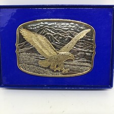 Belt Buckle American Eagle Western Silver Plate Gold Soaring With Mountains 5x4  