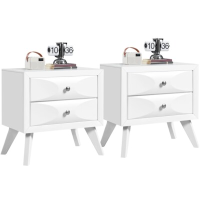 2pcs Almost Fully-assembled 2-Drawer Nightstand w/ Solid Wood Legs for Bedroom