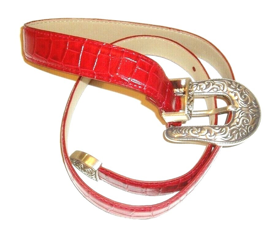 Vintage Red Leather Belt Croco Gold Buckle Burgundy Maroon Red Bijan Leather Vintage Belt With Gold  main image 3