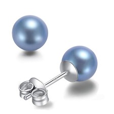 Round Akoya Pearl Stud Earrings in Cultured Blue/Golden/Grey Pearls with 925 ...