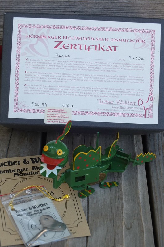 TUCHER WALTHER ~ 1999 Drache Windup Tin Toy 8" Dragon Handmade #T283c ~ GERMANY