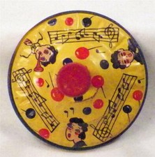 Vintage Tin Noisemaker Toy Kirchhof People Singing New Years Eve Wood Handle 1
