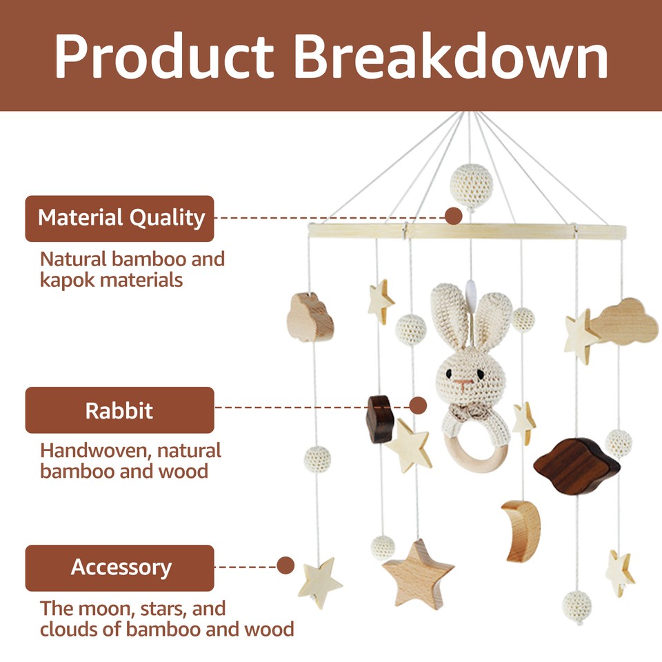 Baby Crib Mobile Wooden Hanging Baby Bed Bell Cute Rabbit Animals Wood