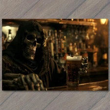 Art Print Grim Reaper Drinking Beer Bar Death Colorful Unusual Skeleton Creepy