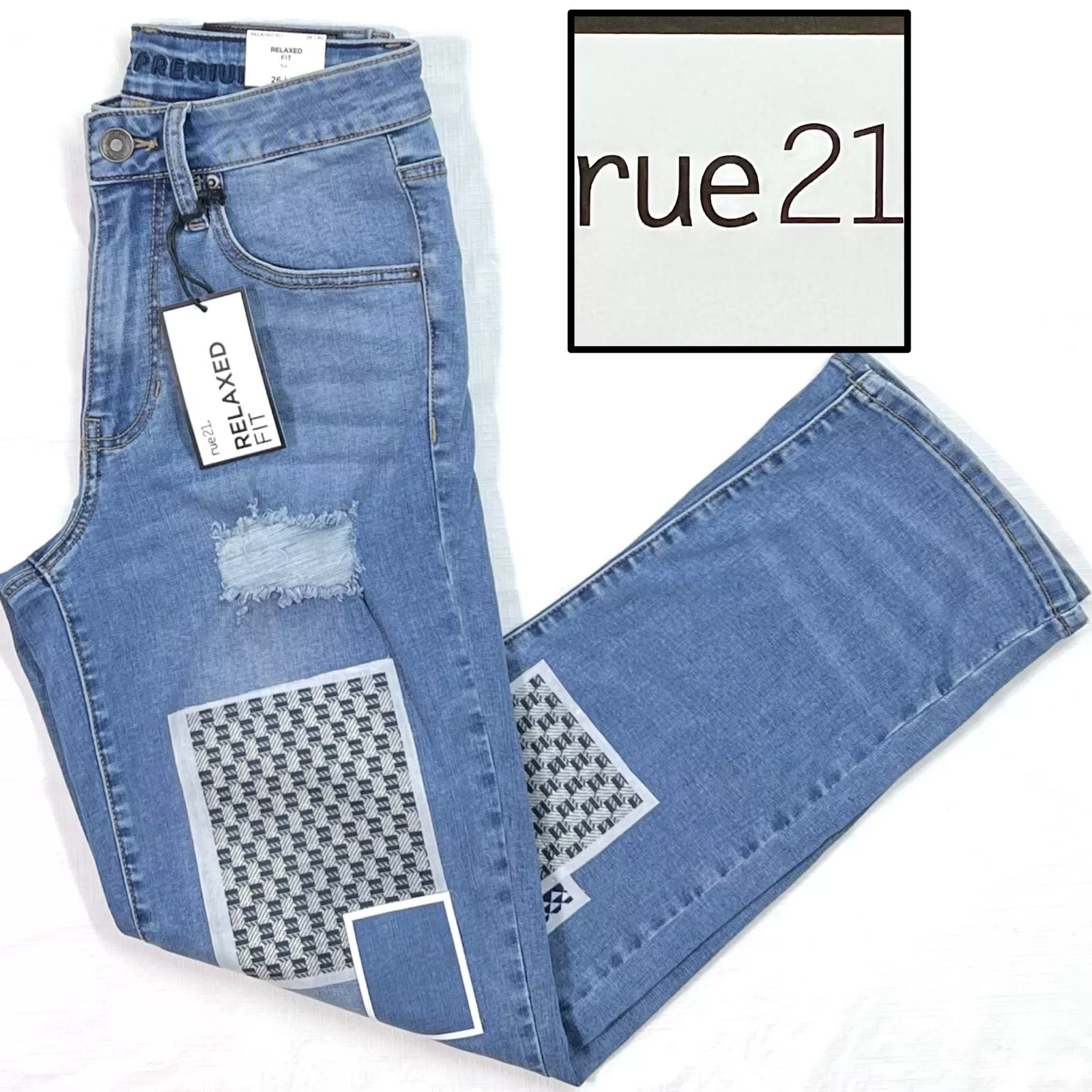 Pantalon jean denim vieilli 26 x 30 neuf avec étiquette RUE21 homme décontracté supreme flex patchs