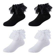 Girls Ruffle Socks Toddler Double Lace Bow Ruffle Socks Frilly Dress Sock Cot...