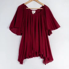 MSSP Max Studio Top Blouse Sz Medium Red Sheer Pleated Flowy Swing Boho Festival
