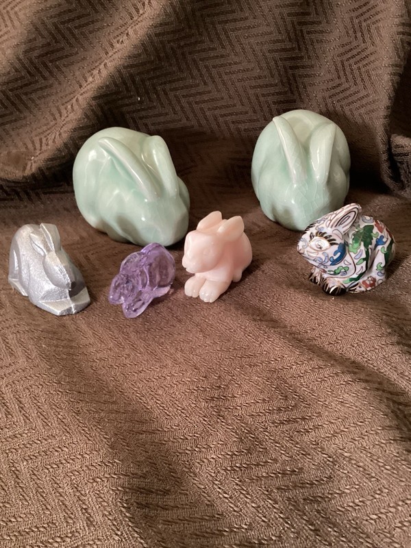 Cute Bunny Collection Pair Celadon Signed, Cloisonné,Metal, Glass & Carved Stone