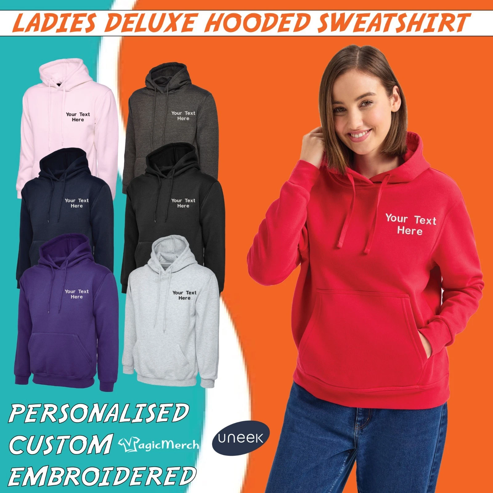 Personalised Embroidered Ladies Deluxe Hooded Sweatshirt Any Text Logo Party Top