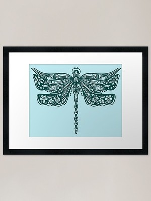 Gerahmtes Wandbild Poster Leinwanddruck Bild dunkelgrün Blumen Libelle Design