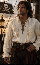 Men's Pirate Shirt Medieval Renaissance Steampunk Retro Long Medium, Beige