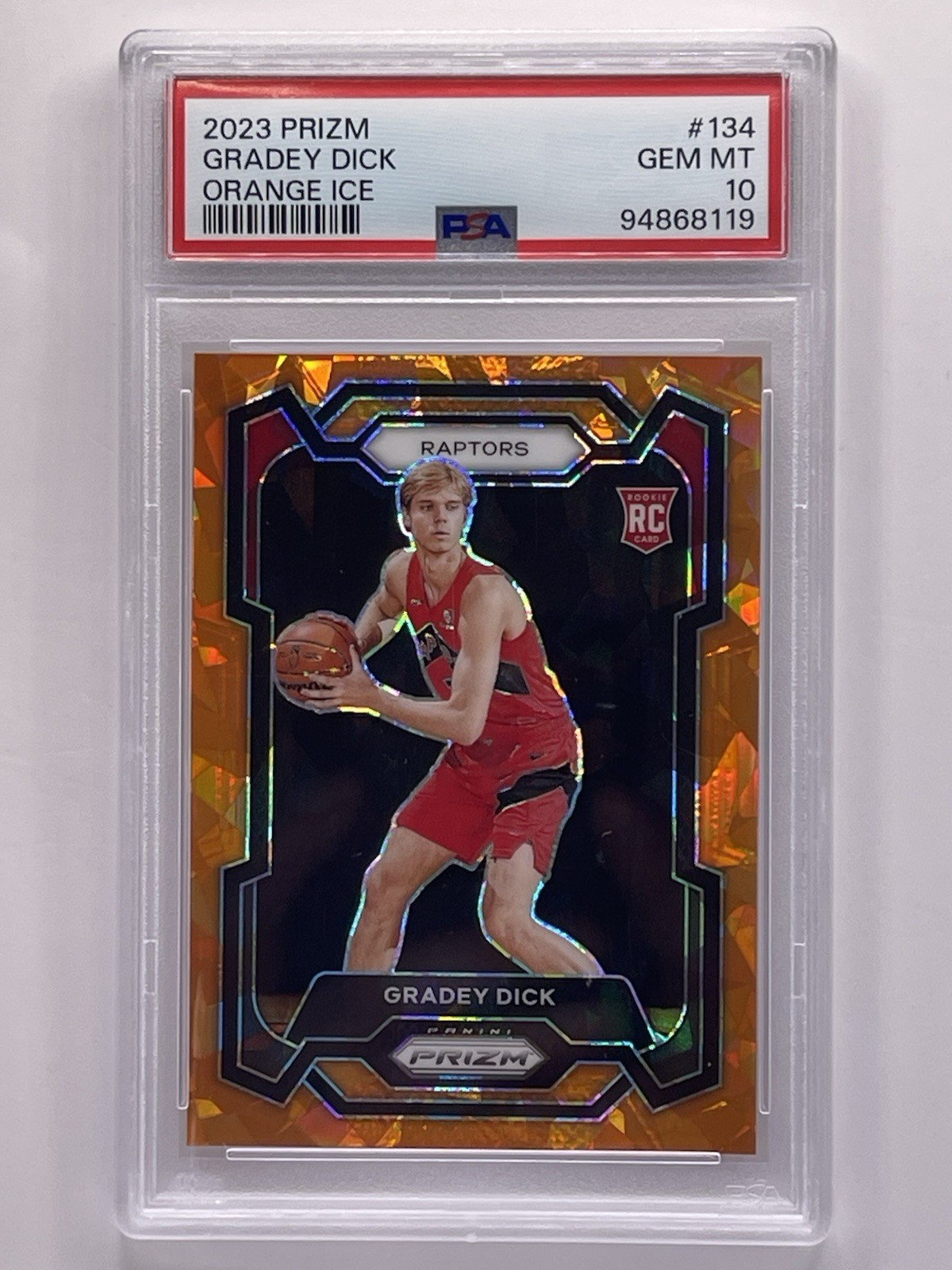 Gradey Dick Rookie #134 2023-24 Panini Prizm Prizms Orange Ice Raptors PSA 10