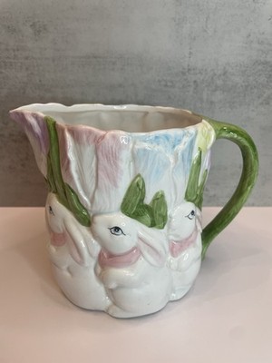 Vintage Ceramic Easter Bunny or Rabbit & Tulips Pitcher, 5.5''Hx7.25''Wx4.5''D