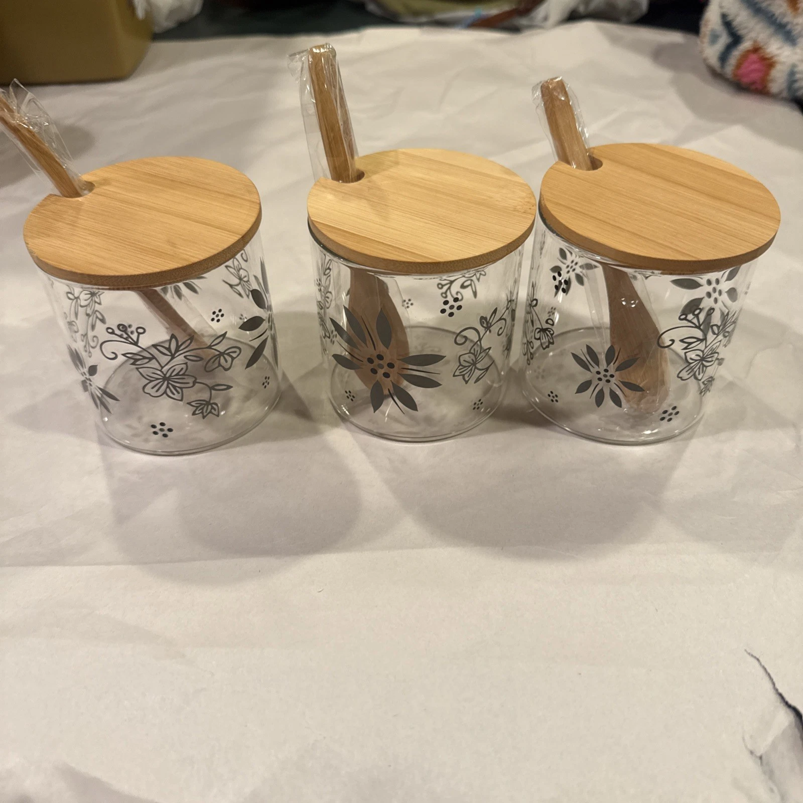 Set of 3 Glass Jars with floral design, for spices, sugar, herbs, tea, and more
