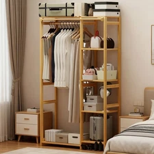 Large Dustproof Bamboo Garment Rack Clothes Rail Open Wardrobe Corner Cabinet US