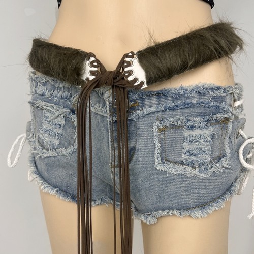 Women Men Faux Fur Waist Belt Tassel Belt Furry Cinch Waistband - Picture 3 of 9