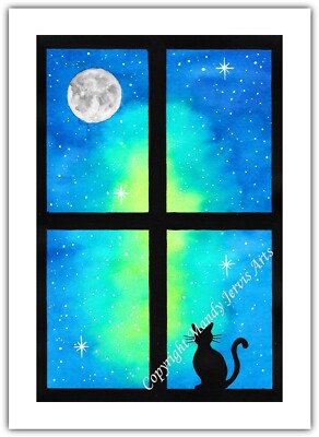 Katze Mond Sterne Fenster - Aquarell Druck Grußkarte - Geburtstag Notizblatt leer