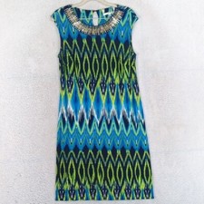 Studio One Women's Green & Blue Patterned Knee Length Sheath Dress Size S