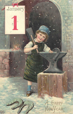 C. 1910 Happy New Year Child Blacksmith German Embossed Horseshoes Postcard EAS