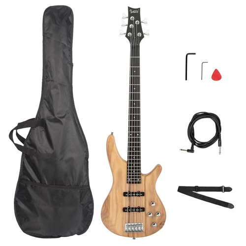 GIB Maple Electric Bass Guitar 5-Strings Full Size Brown W/ Bag Strap Pick Cable