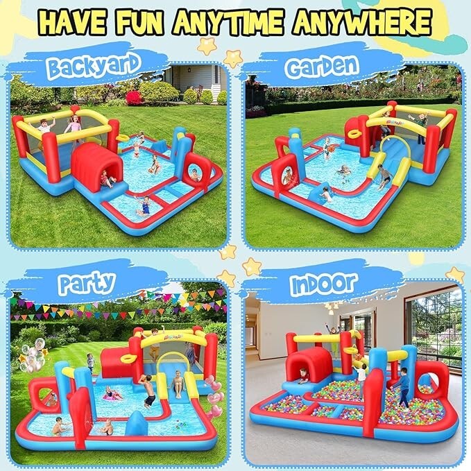 Piscina grande de 14,3 x 14,3 pies, martillo rociador, túnel de juego, casa de rebote de doble anillo*