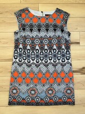 Banana Republic Size 12 Knee Length Dress Blue Orange Geometric Cap Sleeve Lined