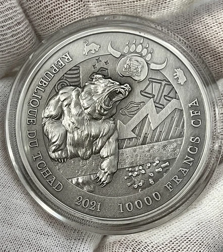 2021 Chad Bull Vs Bear Pandemic  2 oz Silver Antique High Relief Coin