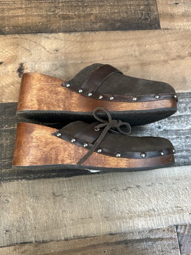 Vtg American Eagle 90s Y2K Brown Suede Wooden Clogs Sz 7 Chunky Heel Brazil - Picture 9 of 9