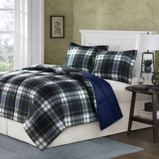 Twin XL Full Queen Cal King Bed Navy Blue Green Tartan Plaid 3 pc Comforter Set