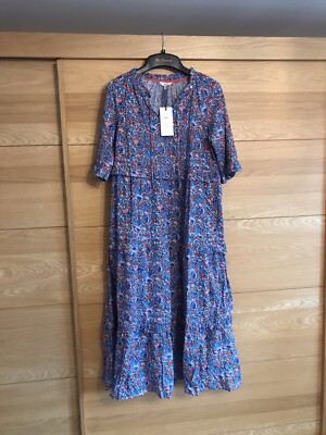 Joules Womens Midi Dress Blue Floral Lia Cotton, Lightweight, Pockets Size  18/16 UK