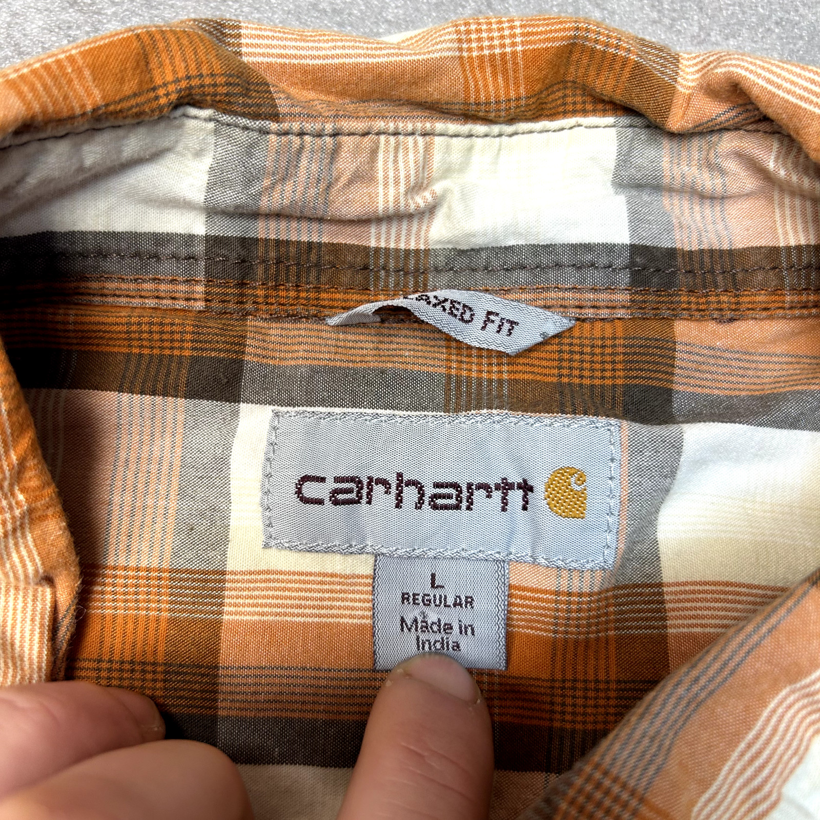 Carhartt Checkered Shirt Mens Large Short Sleeve Workwear Button Down Top Orange image 7