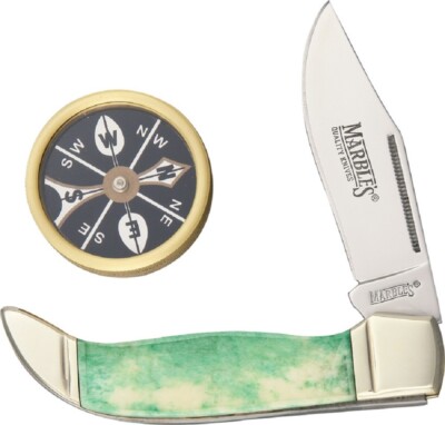 Marbles Compass & Knife Gift Set - Green Bone Hunter Folding Pocket  Knife - NEW